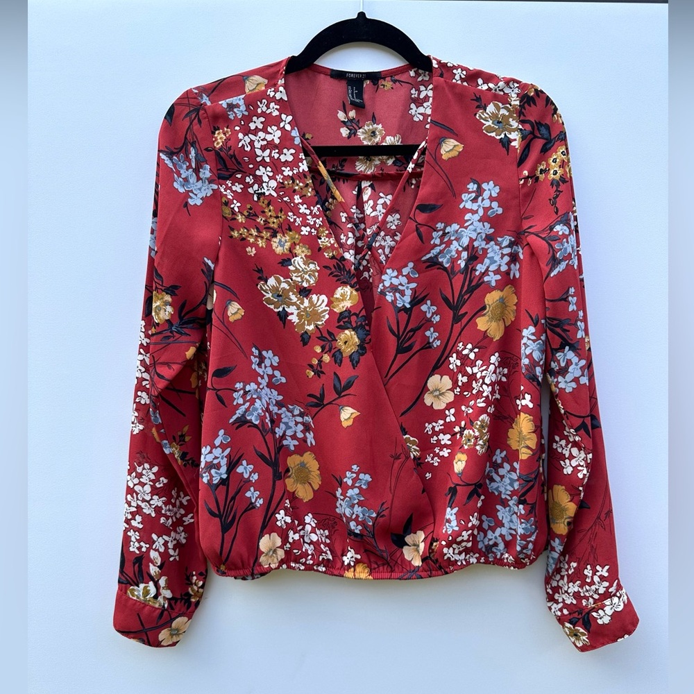 Red Floral Print Long Sleeve Blouse